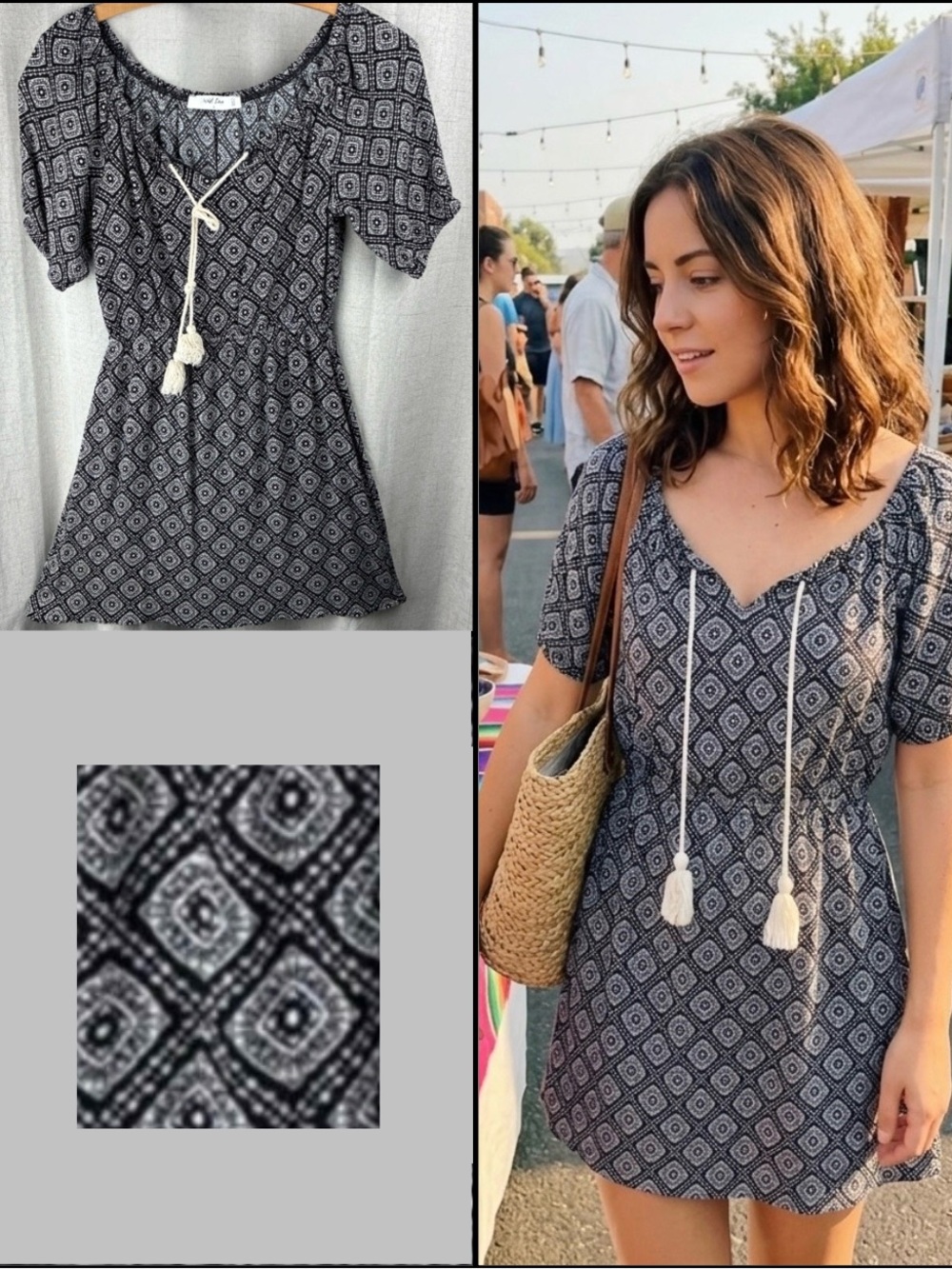 Boho Dress Black White Geometric Peasant Mini Soft Femme Casual Jersey Tassel S
